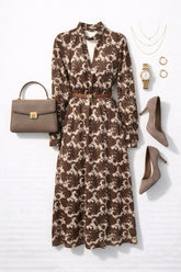 Daljša obleka s choker ovratnikom in cvetličnim motivom