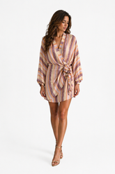 Kimono mini obleka s črtami – nude/mauve