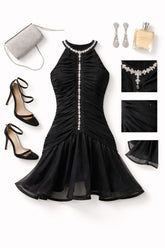 Elegantna črna mini obleka z bleščečimi detajli