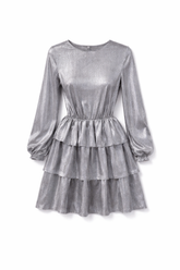 Srebrna mini obleka z volančki in dolgimi rokavi