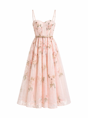 Midi obleka z metulji in korzetnim krojem – powder pink