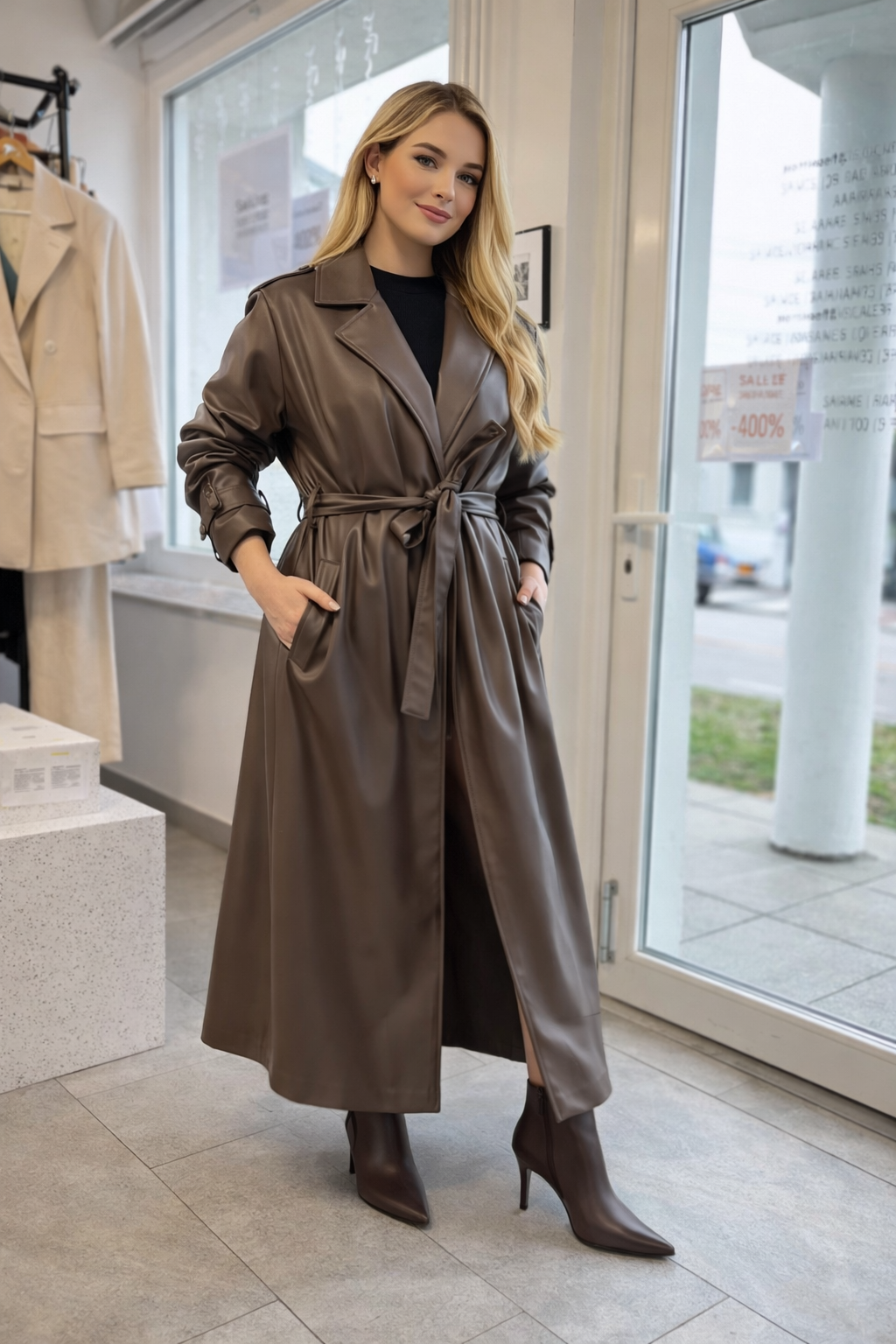 Prehodni Trench Coat Imitacija Usnja
