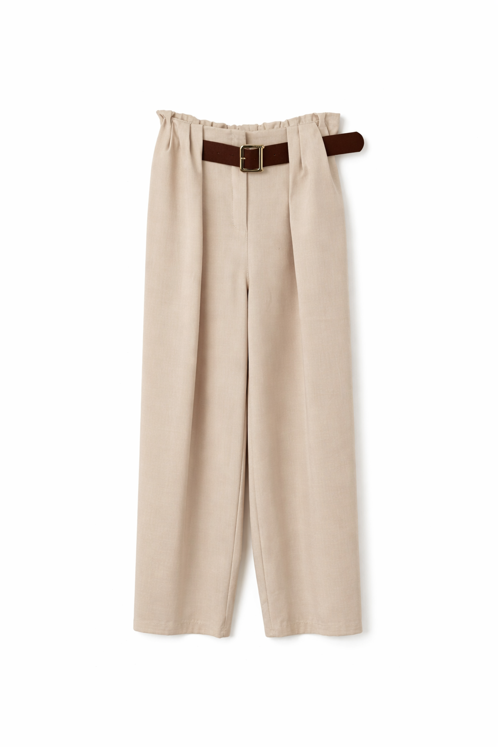 Elegantne Hlače z Visokim Pasom in Pasom - Bež