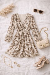 Kremna mini obleka z nežnim vzorcem in dolgimi rokavi