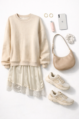 Oversized Kosmačen Pulover-Obleka - Bež