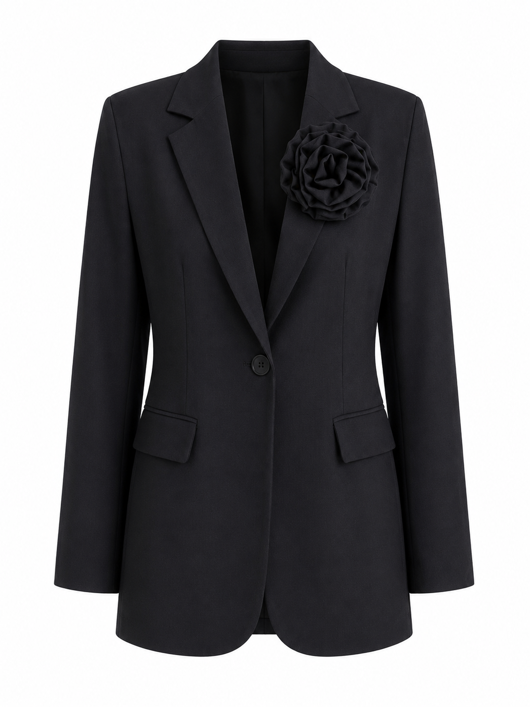 Črni elegantni komplet – blazer in široke hlače s cvetličnim detajlom