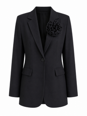 Črni elegantni komplet – blazer in široke hlače s cvetličnim detajlom
