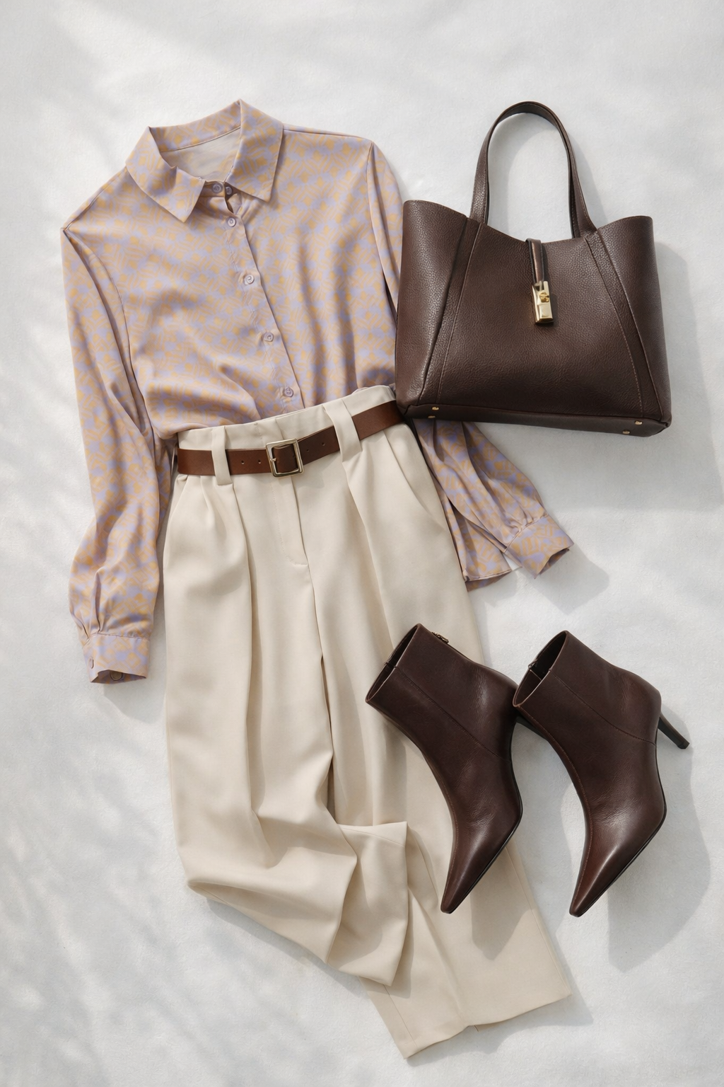 Elegantne Hlače z Visokim Pasom in Pasom - Bež