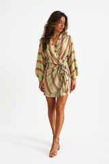 Kimono mini obleka s črtami – zelena/terra