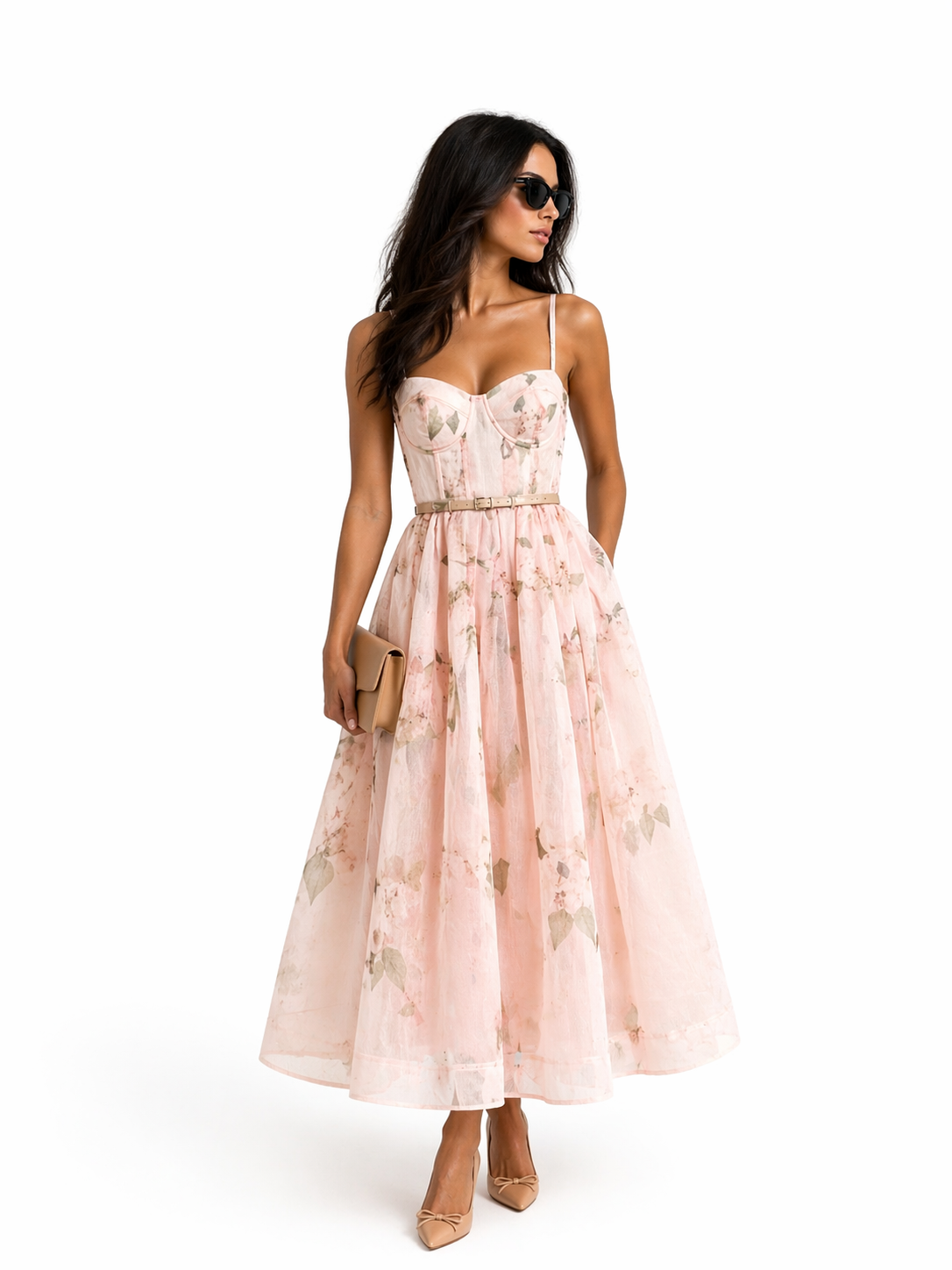 Midi obleka z metulji in korzetnim krojem – powder pink