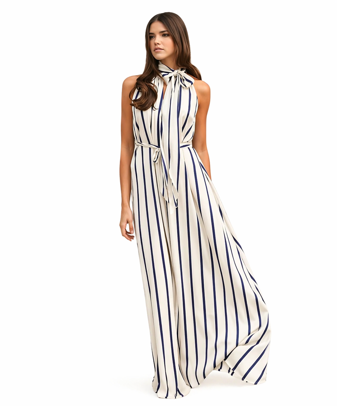 Elegantna maxi obleka s črtami – bela/modra