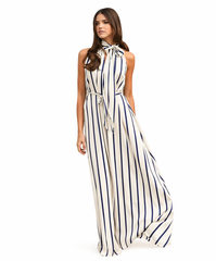 Elegantna maxi obleka s črtami – bela/modra