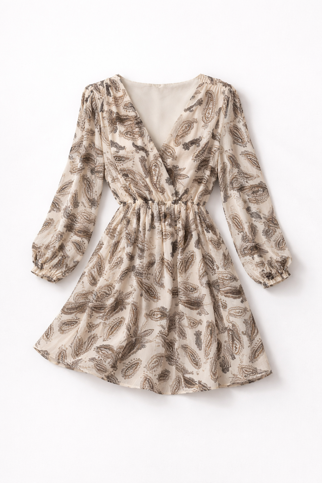 Kremna mini obleka z nežnim vzorcem in dolgimi rokavi