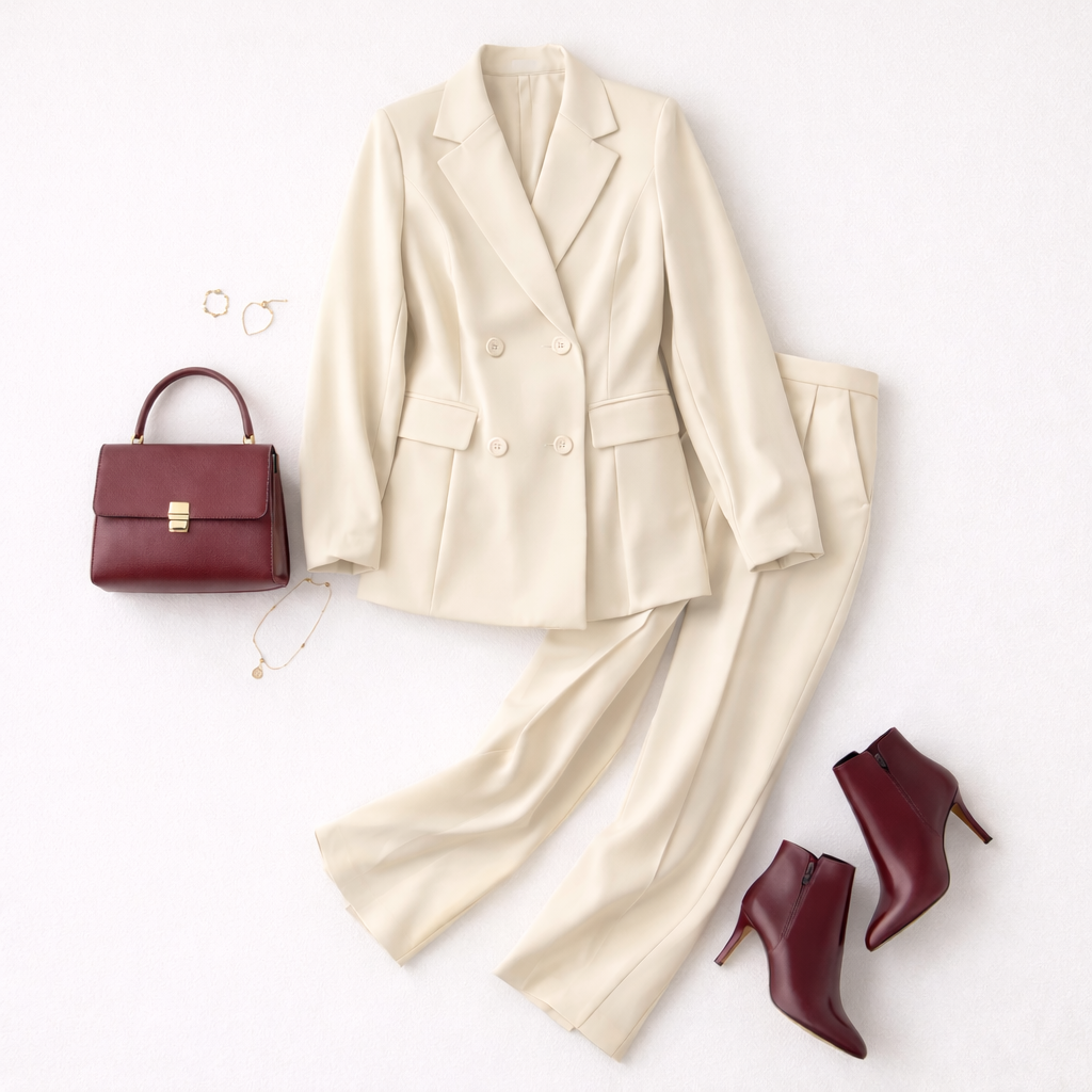 Eleganten Komplet Blazer in Palazzo Hlače - Bež