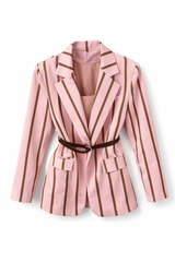 Eleganten Blazer s Črtami in Pasom - Roza